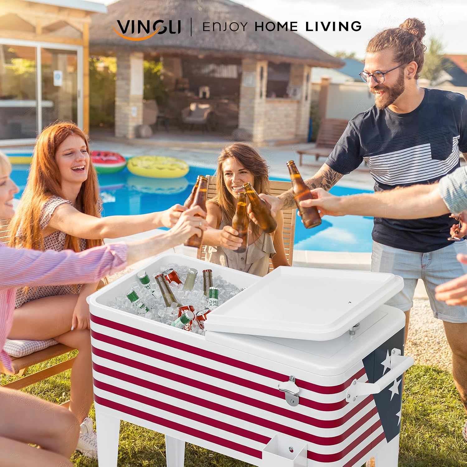 VINGLI Rolling Ice Chest, Portable Patio Party Bar Drink Cooler Cart, with Shelf, Beverage Pool with Bottle Opener