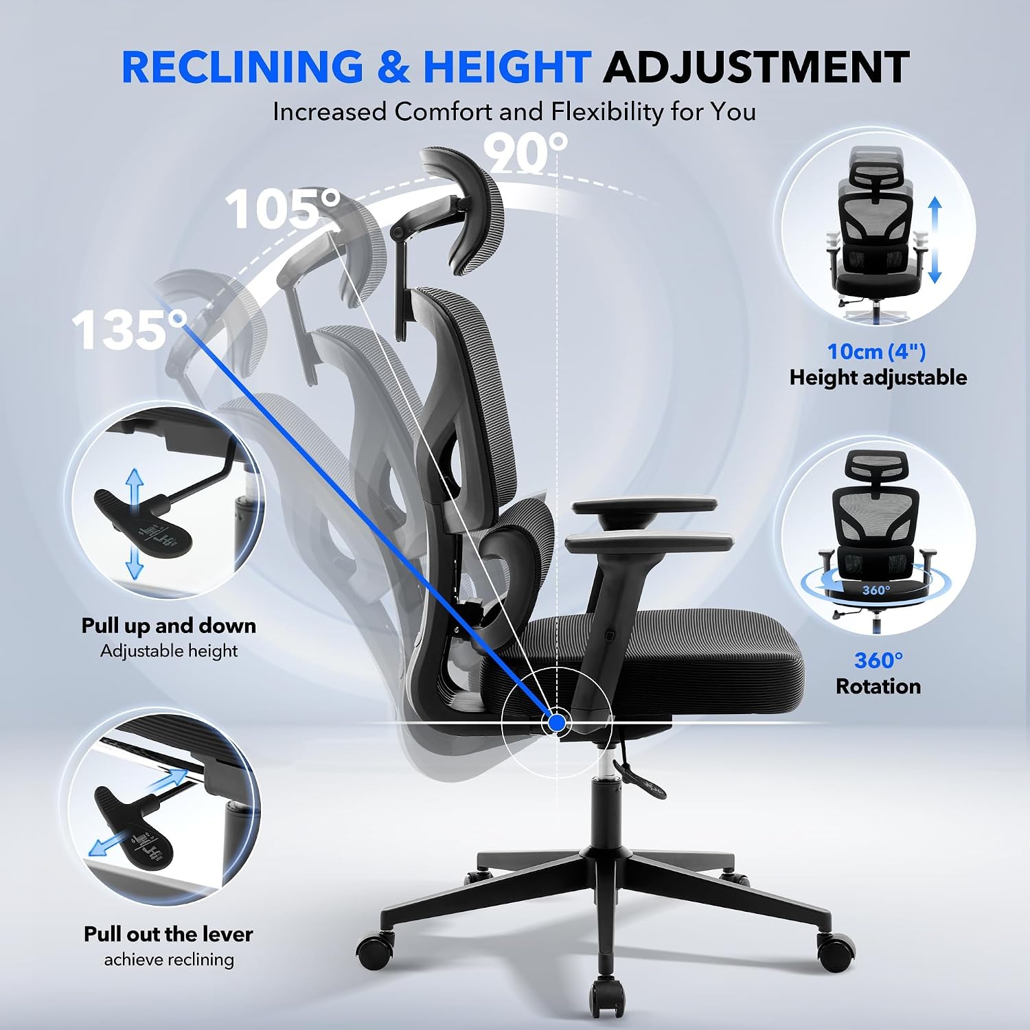 Office Chair Ergonomic Desk Chair - Home Mesh Office Desk Chair with Adjustable Lumbar Support, High-Back Computer Gaming Chair with Headrest 3D Armrests, Rolling Swivel Task Chairs for Home, Office