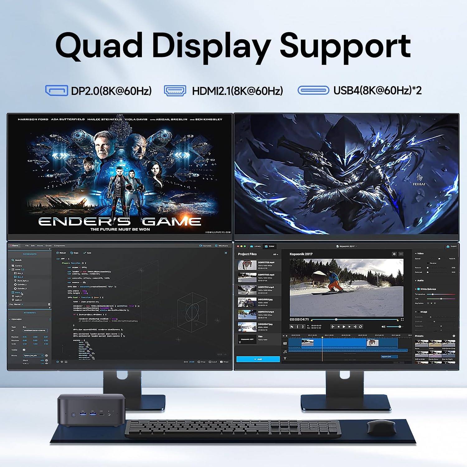 Reatan AI OCulink Mini Gaming PC,AMD Ryzen 7 255(Upgrade 8745H,8C/16T,) Radeon 780M 32GB RAM DDR5 + 1TB SSD 8K Quad-Screen Display Desktop Gaming Mini Computers WiFi 7 BT:5.4 Built-in Speaker USB4.0
