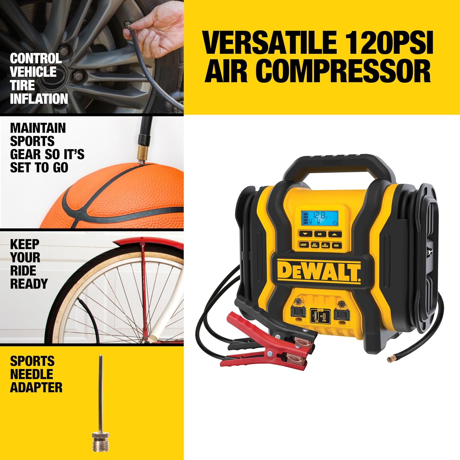 DEWALT DXAEPS14 2000 Peak Battery Amp 12V Automotive Battery Booster Jump Starter/Power Station with 120 PSI Compressor, 500W AC Power Inverter, and 15W USBa & 25W USB Ports