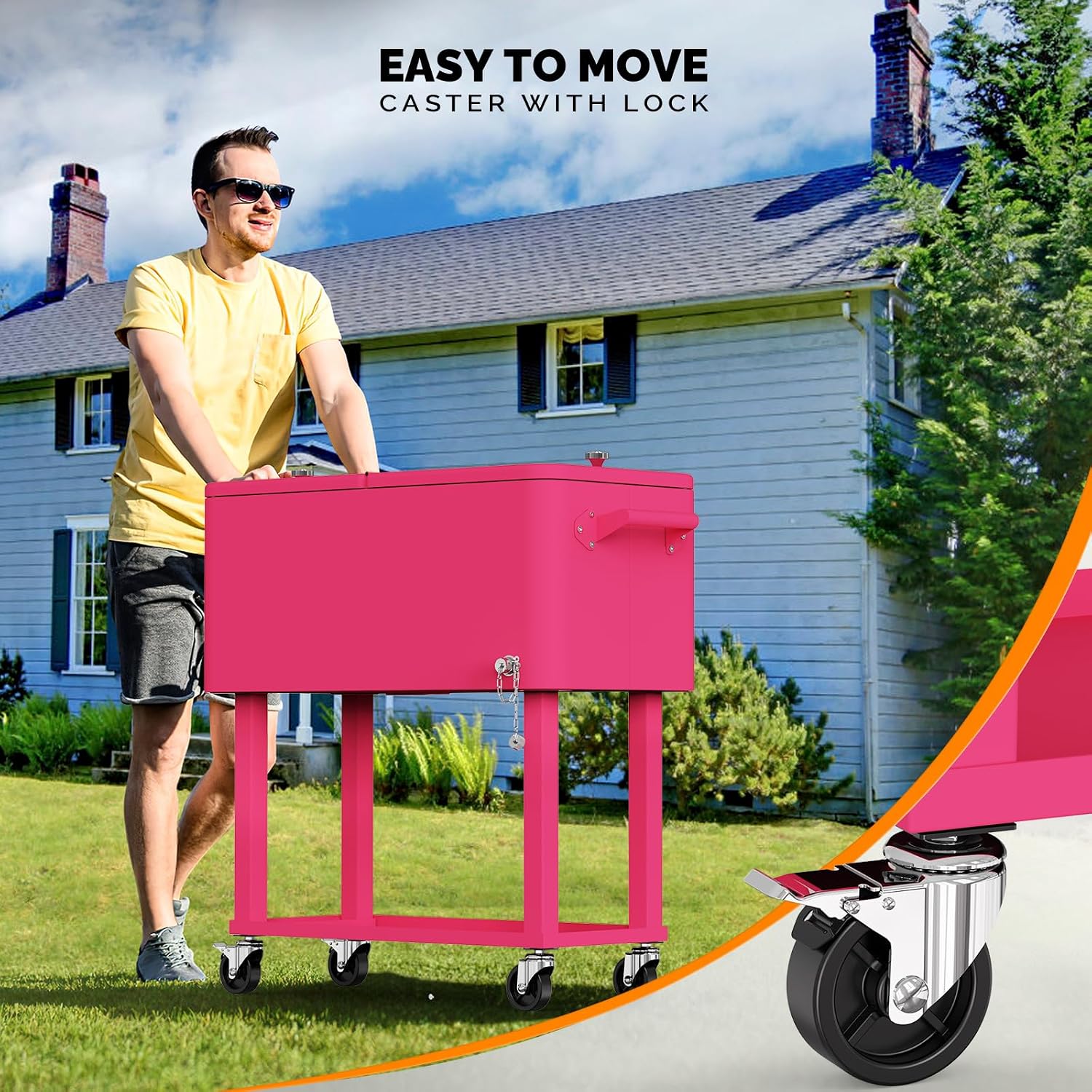 VINGLI Rolling Ice Chest, Portable Patio Party Bar Drink Cooler Cart, with Shelf, Beverage Pool with Bottle Opener