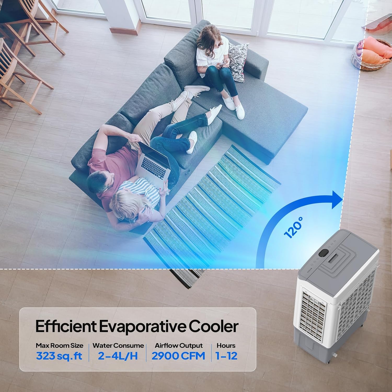 ROVSUN 2900CFM Portable Air Cooler, 15.8Gal/60L Evaporative Swamp Cooler, 3-IN-1 Cooling Fan with Water Connected, Remote Control, 3 Speeds, 12H Timer & 4 Ice Box, Humidifying Oscillating Fan