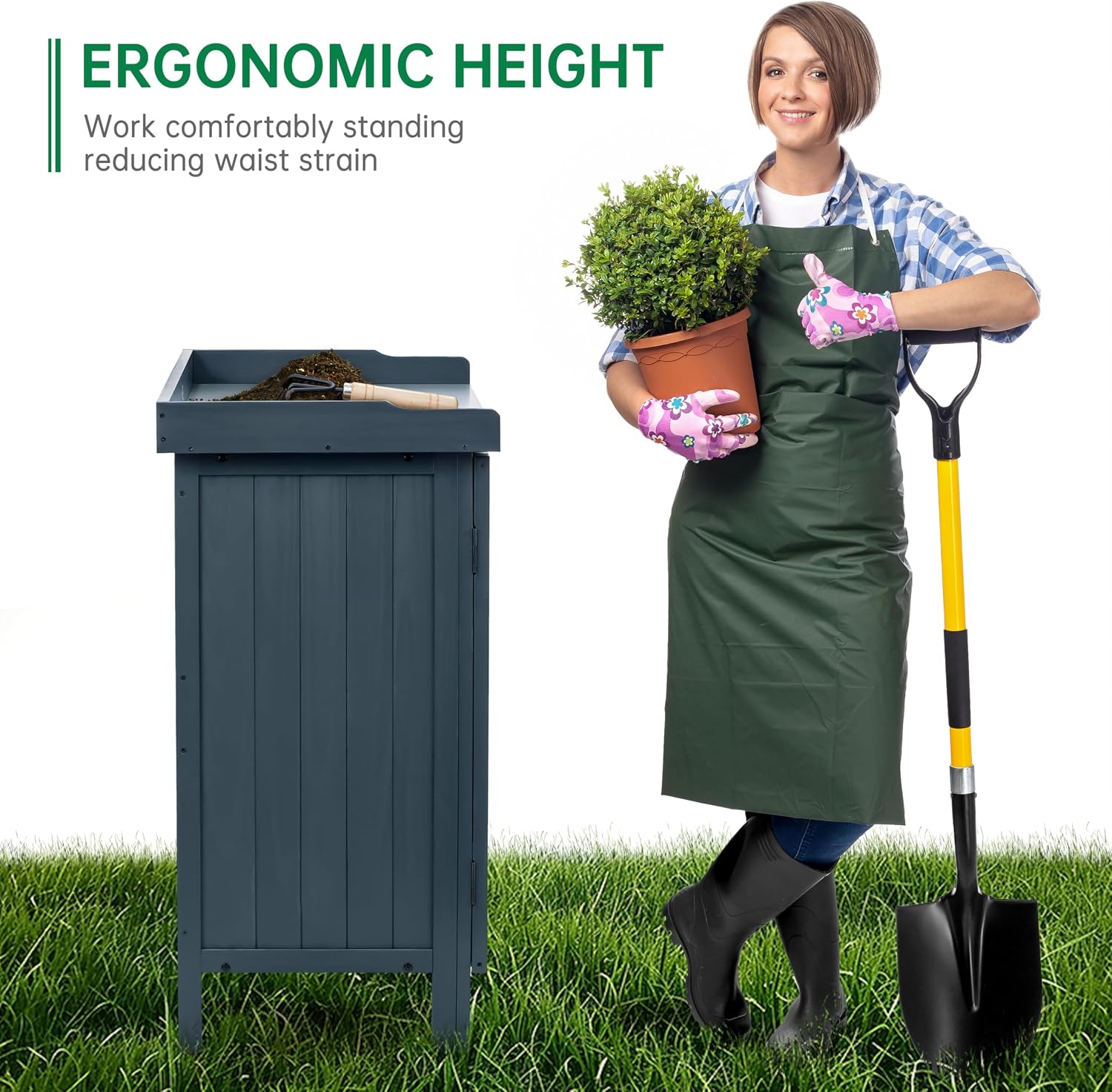 HABAU Outdoor Storage Cabinet with Potting Bench & Metal Tabletop, Wooden Planting Workstation for Garden Patio, Weatherproof