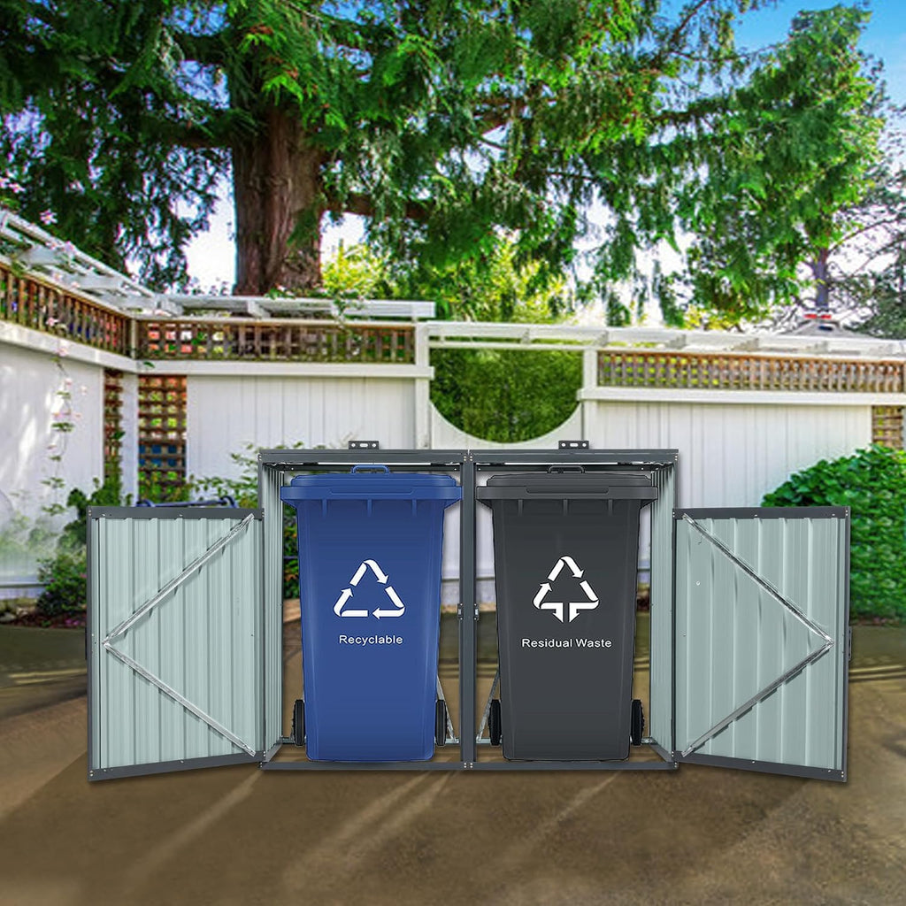 Outdoor Trash Can Storage Shed, Metal Trash Can Enclosure for 2 Trash Cans, Garbage Can Holders for Outside, Garbage Bin Storage Shed for Garden Yard Lawn (5.3 FT, Dark Gray)