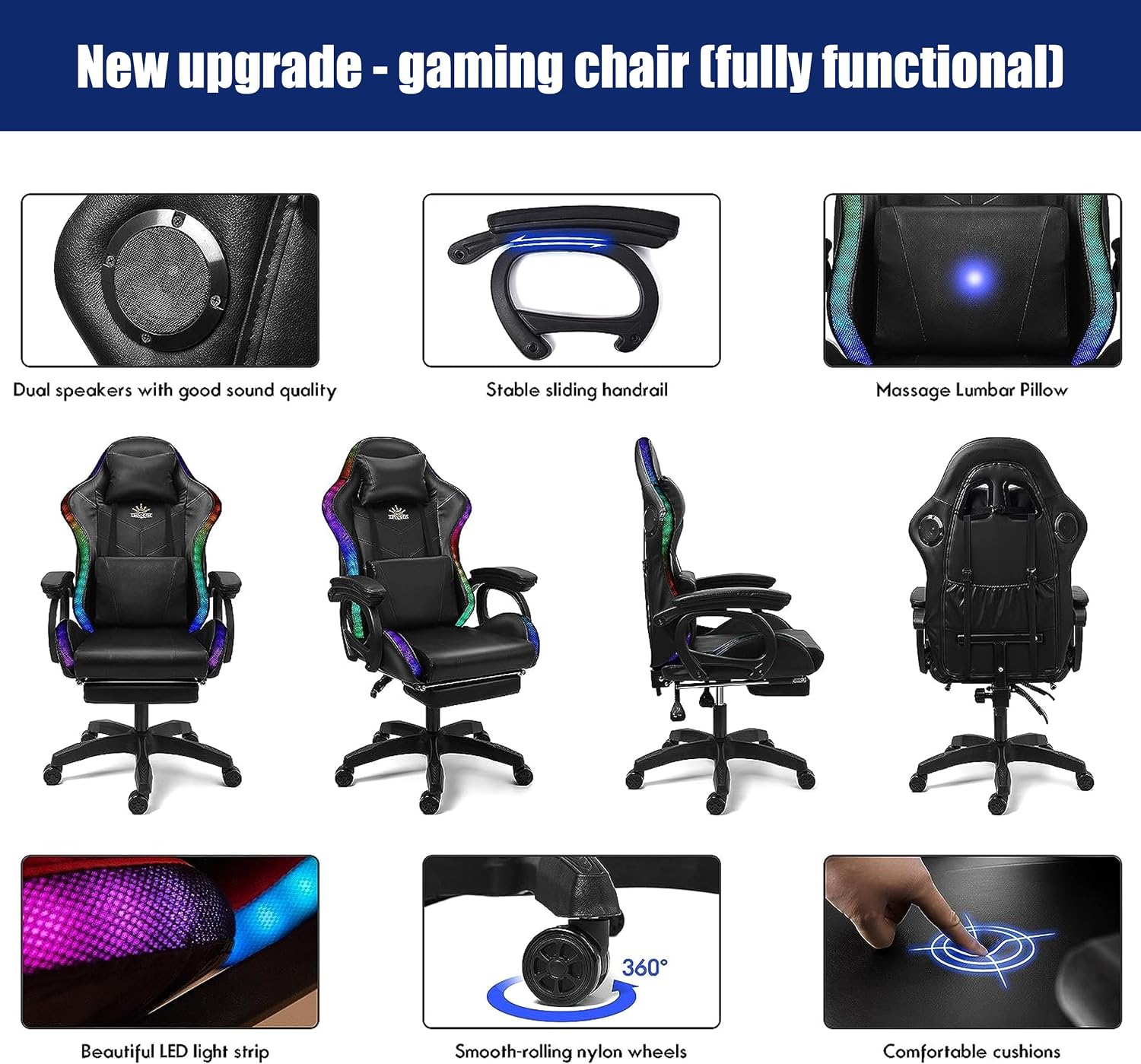 Gaming Chair with Speakers, Ergonomic Gaming Chair with Footrest and LED Lights,Comfortable Computer Reclining,Gaming Chair with Massage Function,Teen/Adult Computer Chair,Red