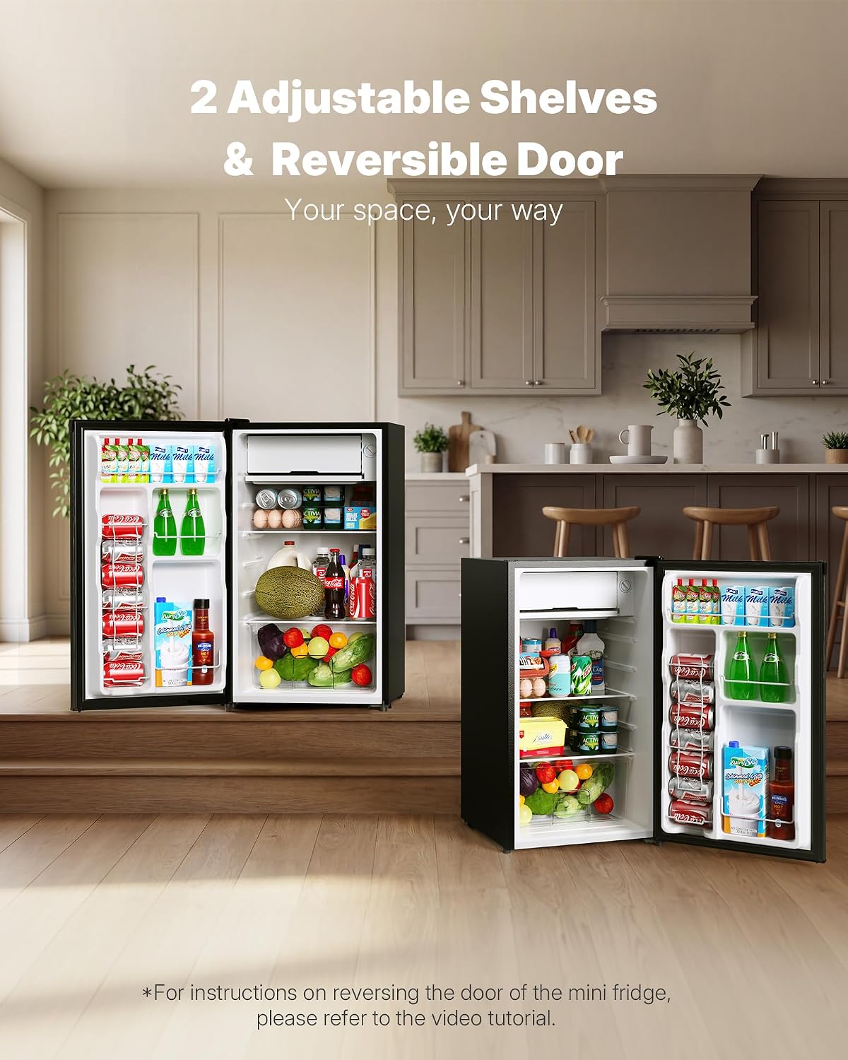 Upstreman 3.2 Cu.Ft Mini Fridge with Freezer, Quiet Efficient Small Fridge, Compact Refrigerator with Adjustable Thermostat, for Dorm, Bedroom, Office, Black-BR321