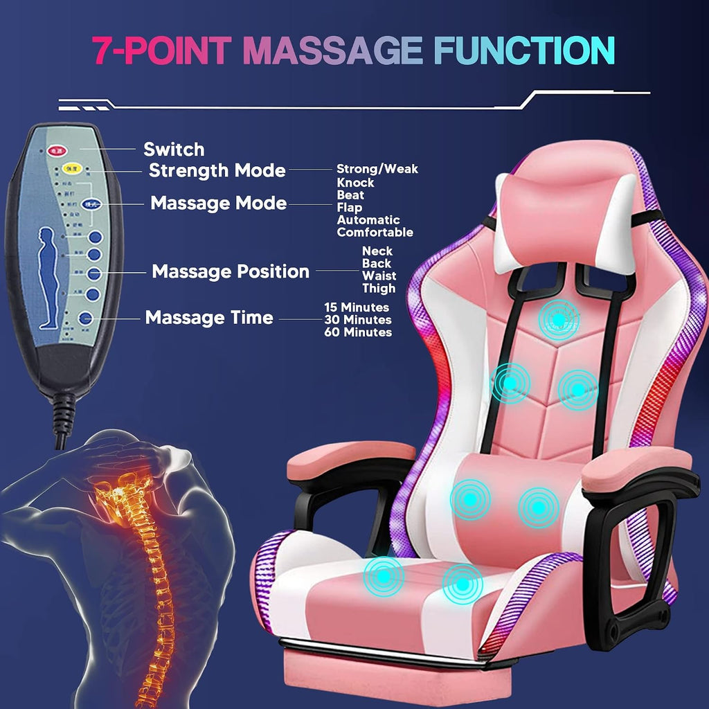 Full Massage Gaming Chair with Speakers and LED Lights Ergonomic Office Chair with Footrest Lumbar Support Adjustable Height Racing Game Chair PU Leather Computer Chair for Adults Teens,Red
