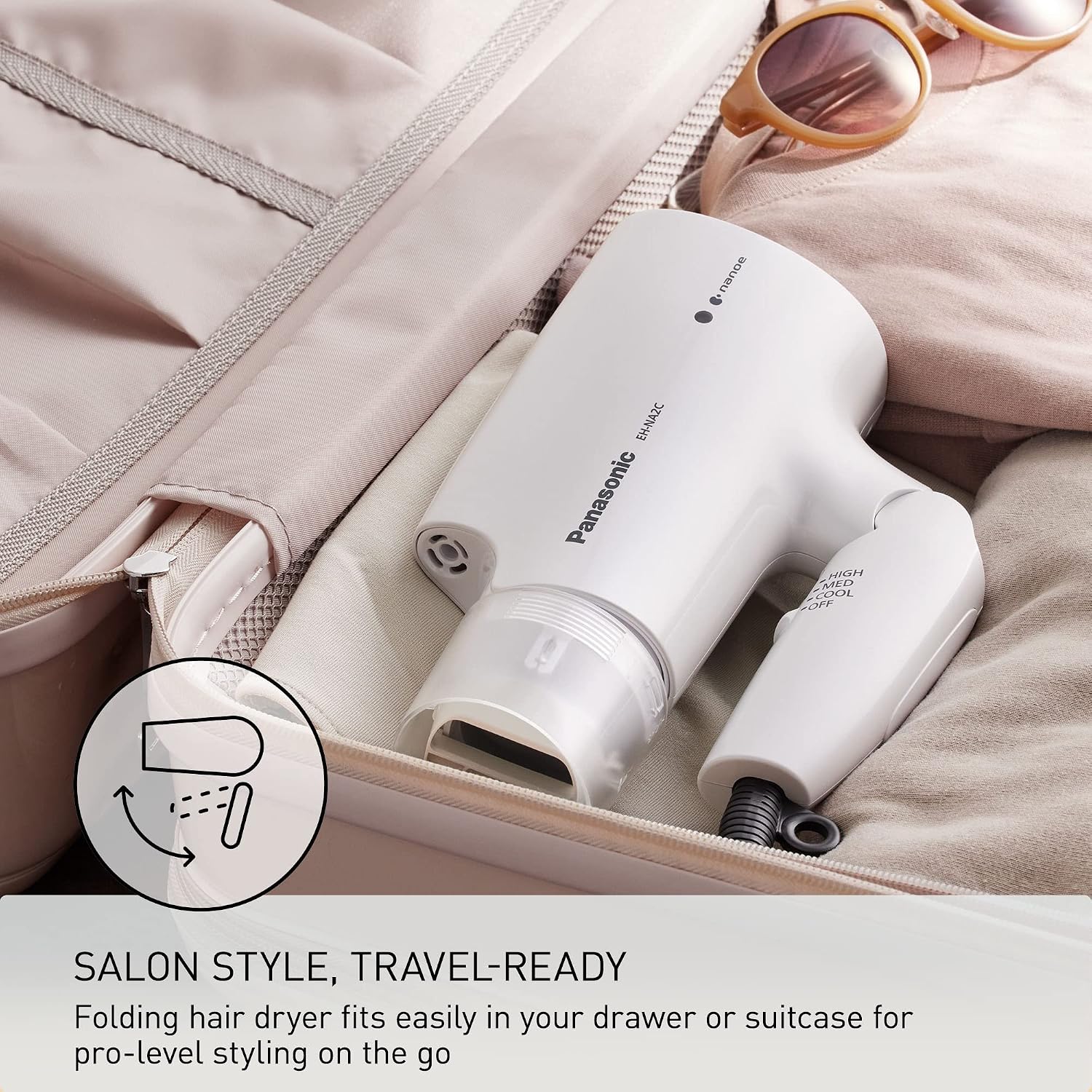 Panasonic nanoe Compact Hair Dryer EH-NA2C-W (White) - Japanese Nanoe Techonology, Foldable Travel Blow Dryer with Oscillating Quick Dry Nozzle, 1400W Lightweight Portable Hair Dryer, Anti-Frizz
