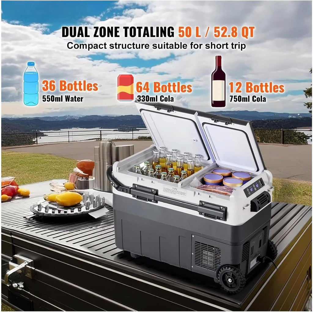 Portable Car Refrigerator Freezer 50L Dual Zone - 12V/24V & 110V/240V - Compressor Cooling for Road Trips, Camping, RV & Home Use