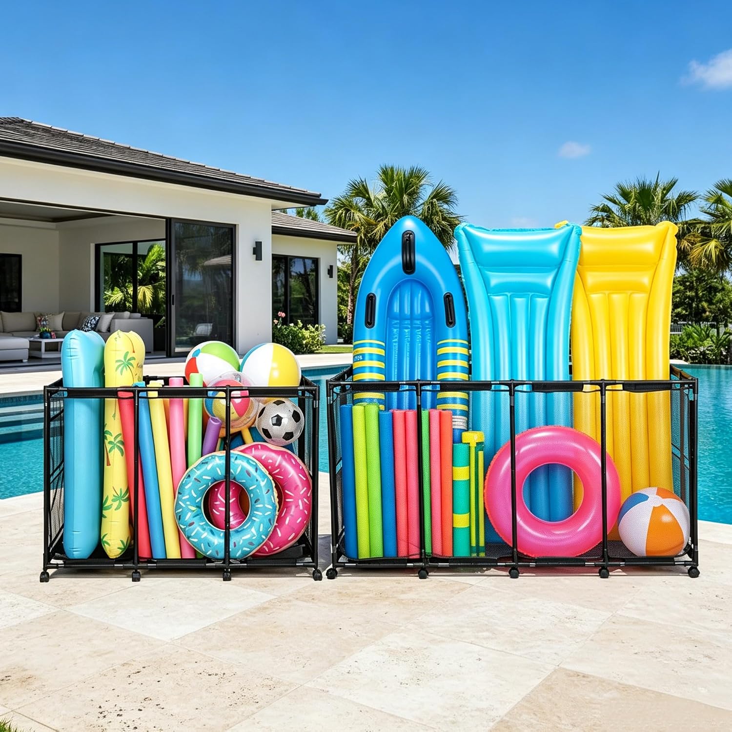 Yescom 2 Pack Pool Float Storage Bin Basket for Toy Raft Noodles Mesh Basket Organizer with Wheels Metal Frame