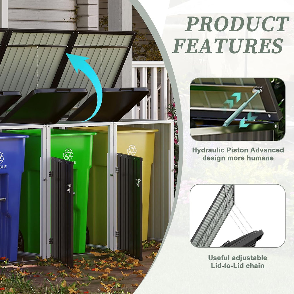 Outdoor Metal Garbage Bin Shed for 3 Trash Cans, Waterproof Galvanized Steel Double Trash Can Storage Shed with Hydraulic Lid, Lockable Door & Large Capacity for Garden Yard Patio, Dark Gray