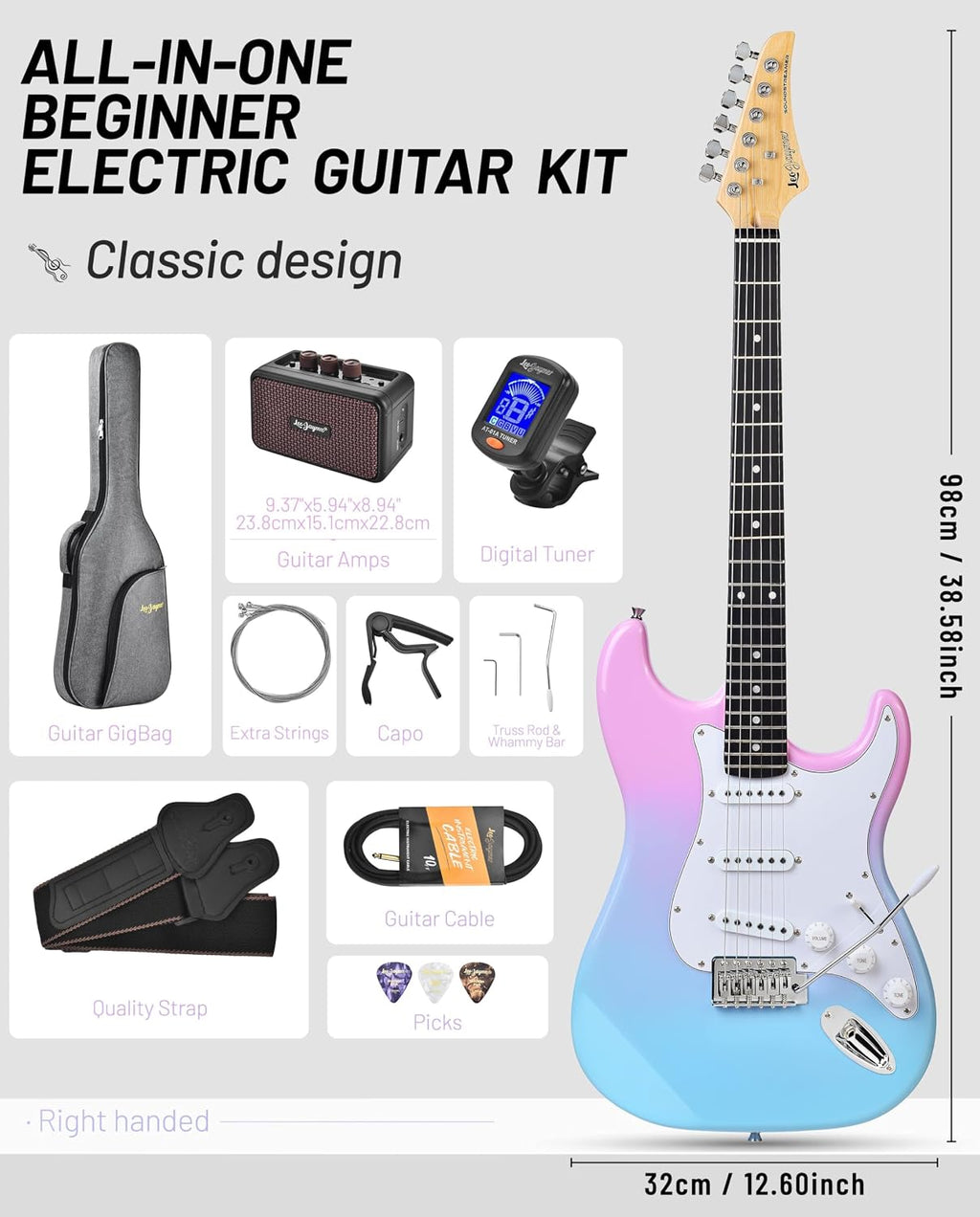 Leo Jaymz Beginner Electric Guitar Complete Kit with Portable Amp, Padded Gig Bag & Full Accessories, Maple Neck SSS Pickups(Pink-Blue Fade)