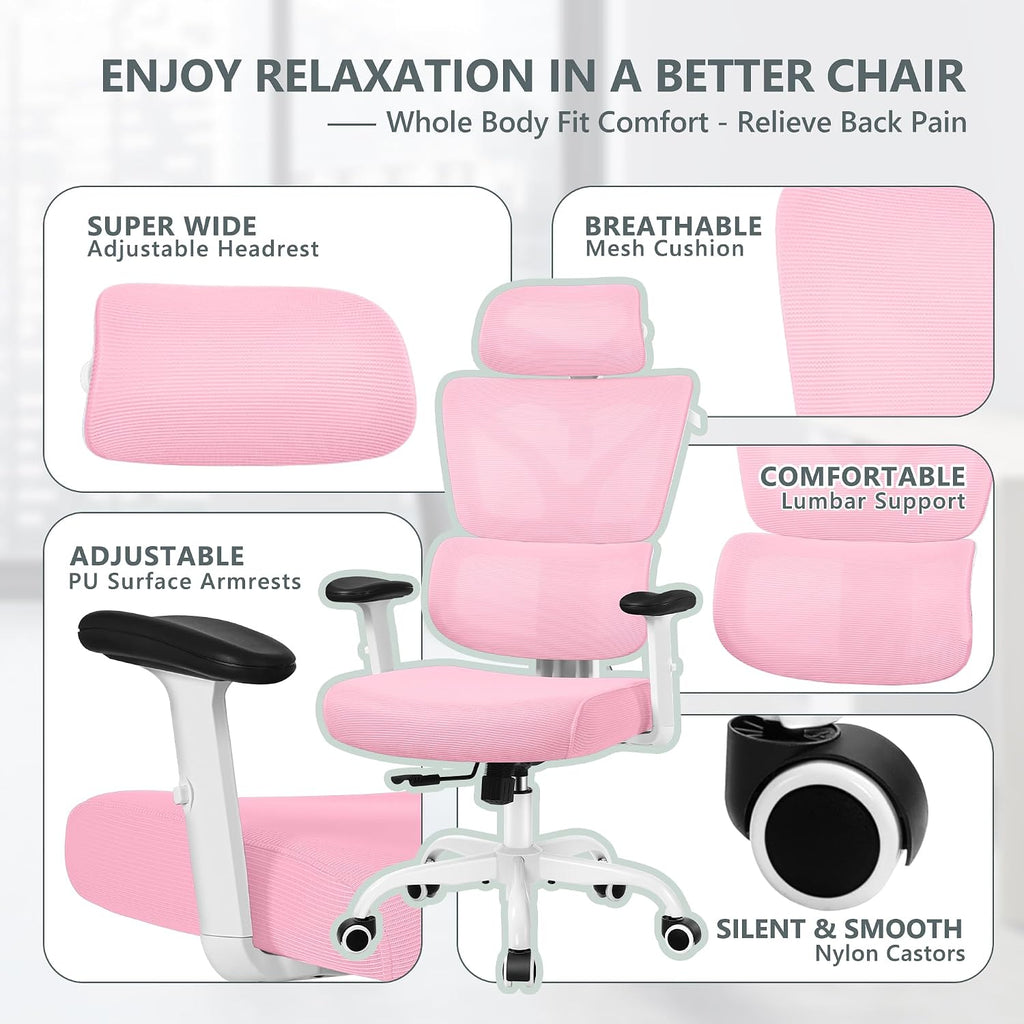 Winrise Office Chair Ergonomic Desk Chair, High Back Gaming Chair, Big and Tall Reclining Chair Comfy Home Office Desk Chair Lumbar Support Breathable Mesh Computer Chair Adjustable Armrests (Pink)