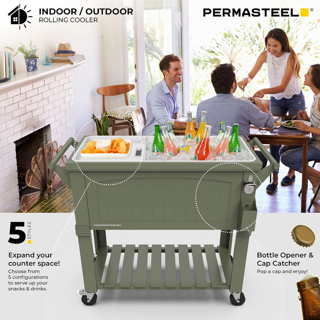 Permasteel Party Cooler with Divider, Spacious 80-Qt Capacity, Chills 36hrs, Serving Tray, Rolling Ice Chest for Indoor and Outdoor Entertainment, Matte Green