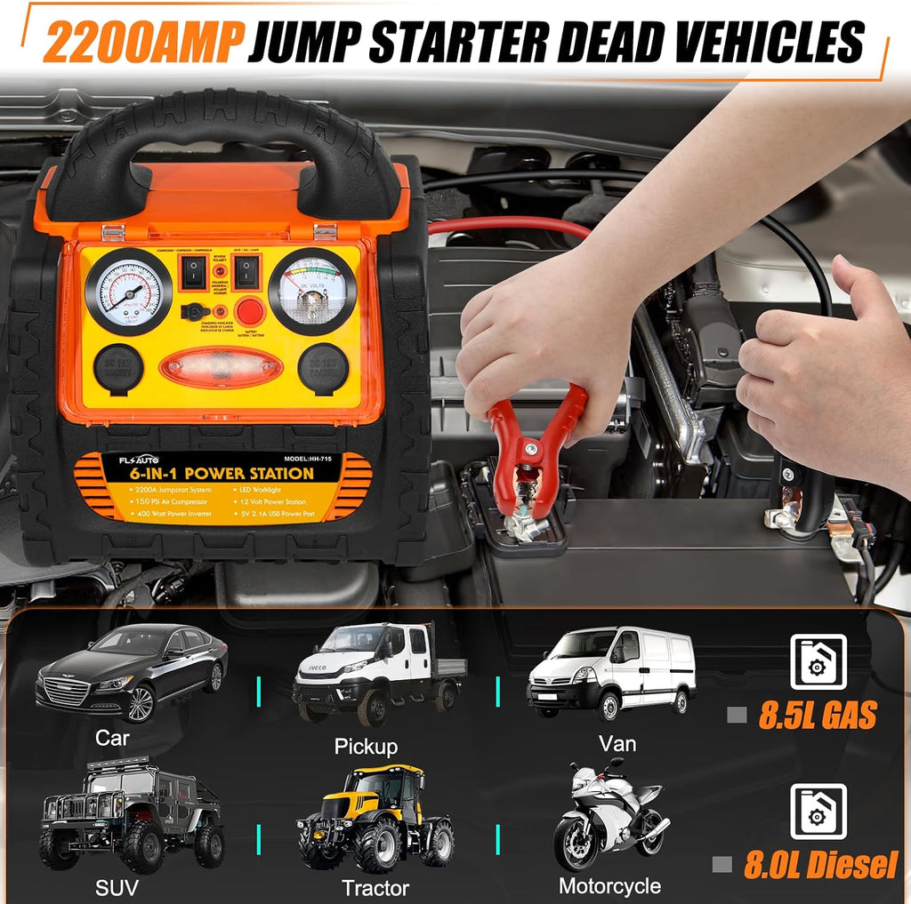 2200A Car Jump Starter with Air Compressor 150PSI,12V Portable Battery Jump Box (8.5L Gas/8L Diesel), Battery Booster with 400W Power Station AC/DC/USB