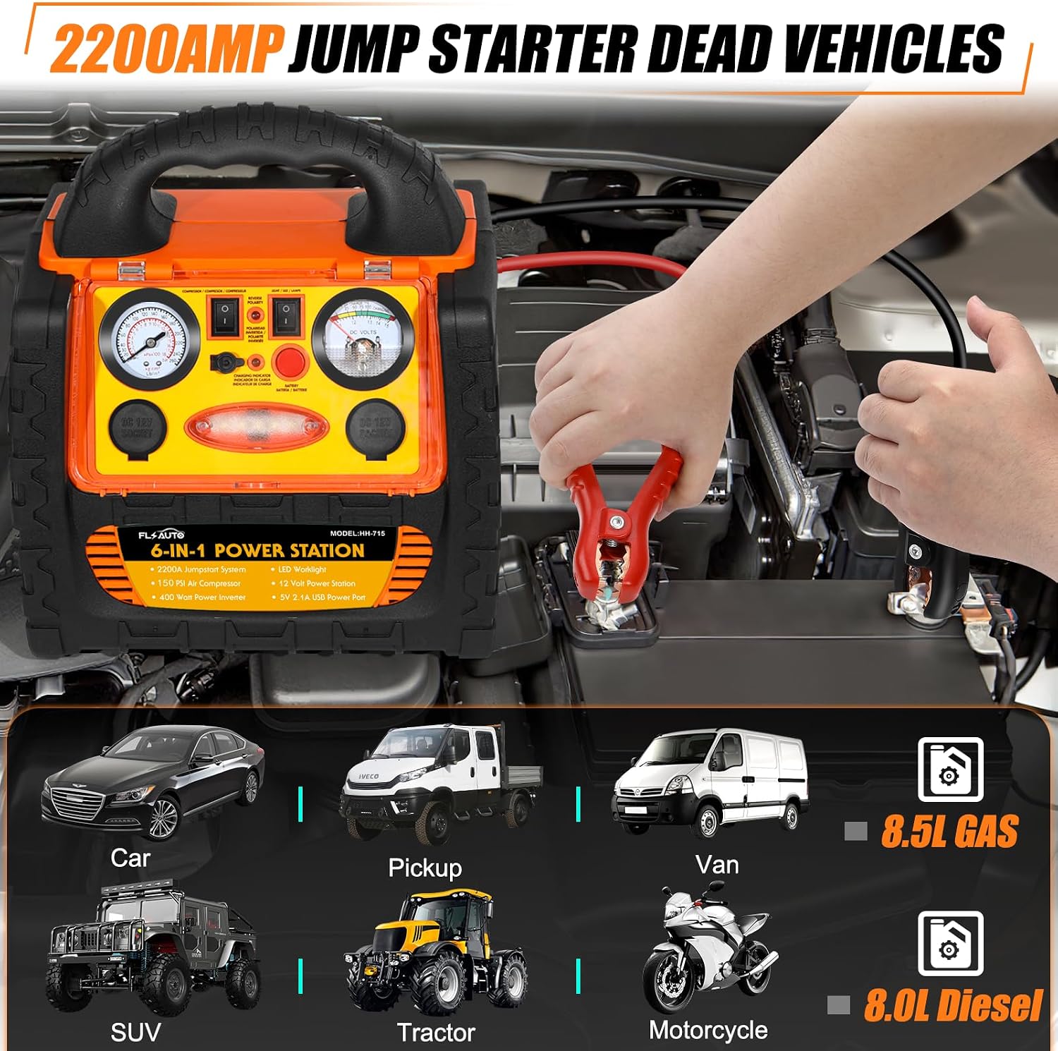 2200A Car Jump Starter with Air Compressor 150PSI,12V Portable Battery Jump Box (8.5L Gas/8L Diesel), Battery Booster with 400W Power Station AC/DC/USB