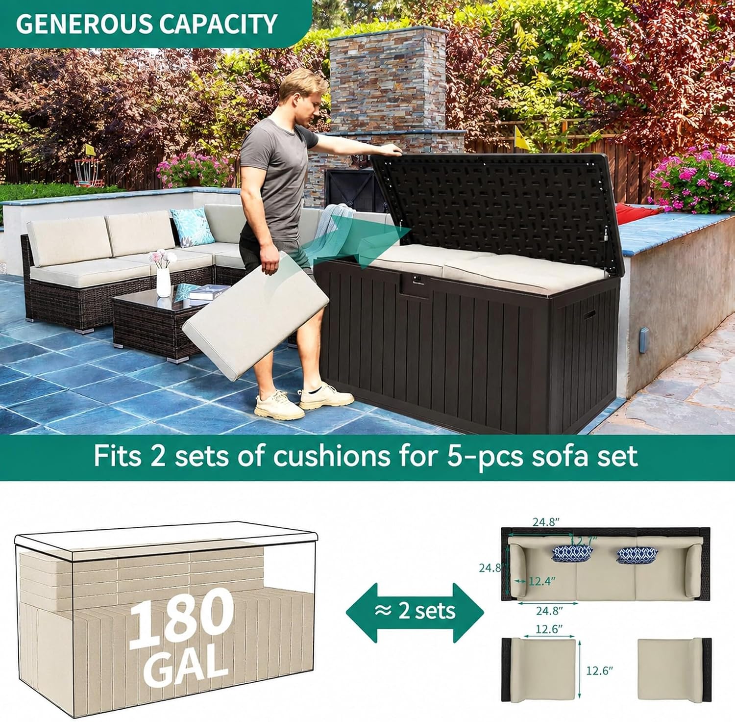 YITAHOME 180 Gallon Large Deck Box with Side Handles, Outdoor Double-Wall Storage for Patio Furniture Cushions, Garden Pool Accessories, Waterproof & Lockable