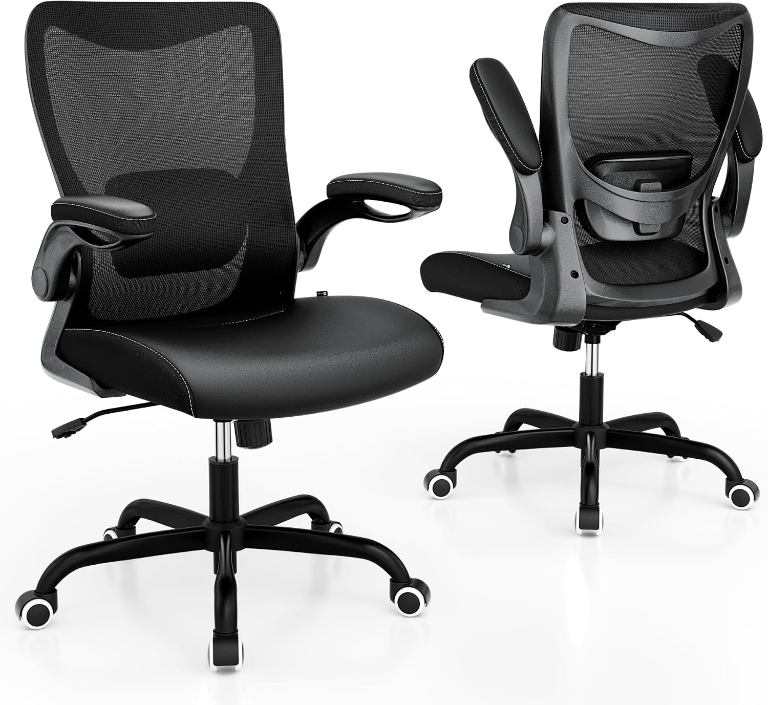 MUXX.STIL Office Chair, PU Leather Ergonomic Desk Chair with Adjustable Lumbar Support and Flip up Armrest, Breathable Mesh Computer Chair for Home Office, Black