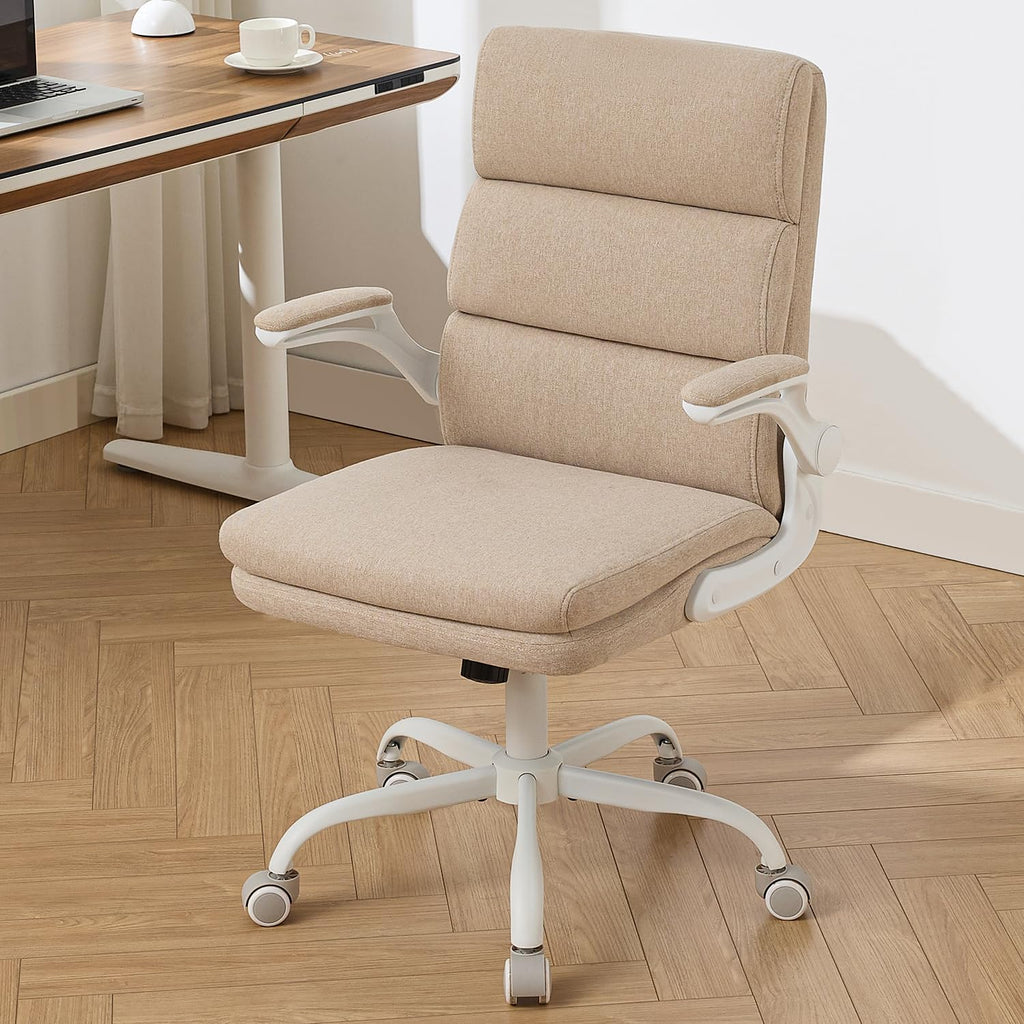 amseatec Office Chair Adjustable Desk Chair Mid Back Executive Comfortable Fabric Ergonomic Back Support Home Computer Chair with Padded Flip-up Armrest Swivel Wheels (Beige)
