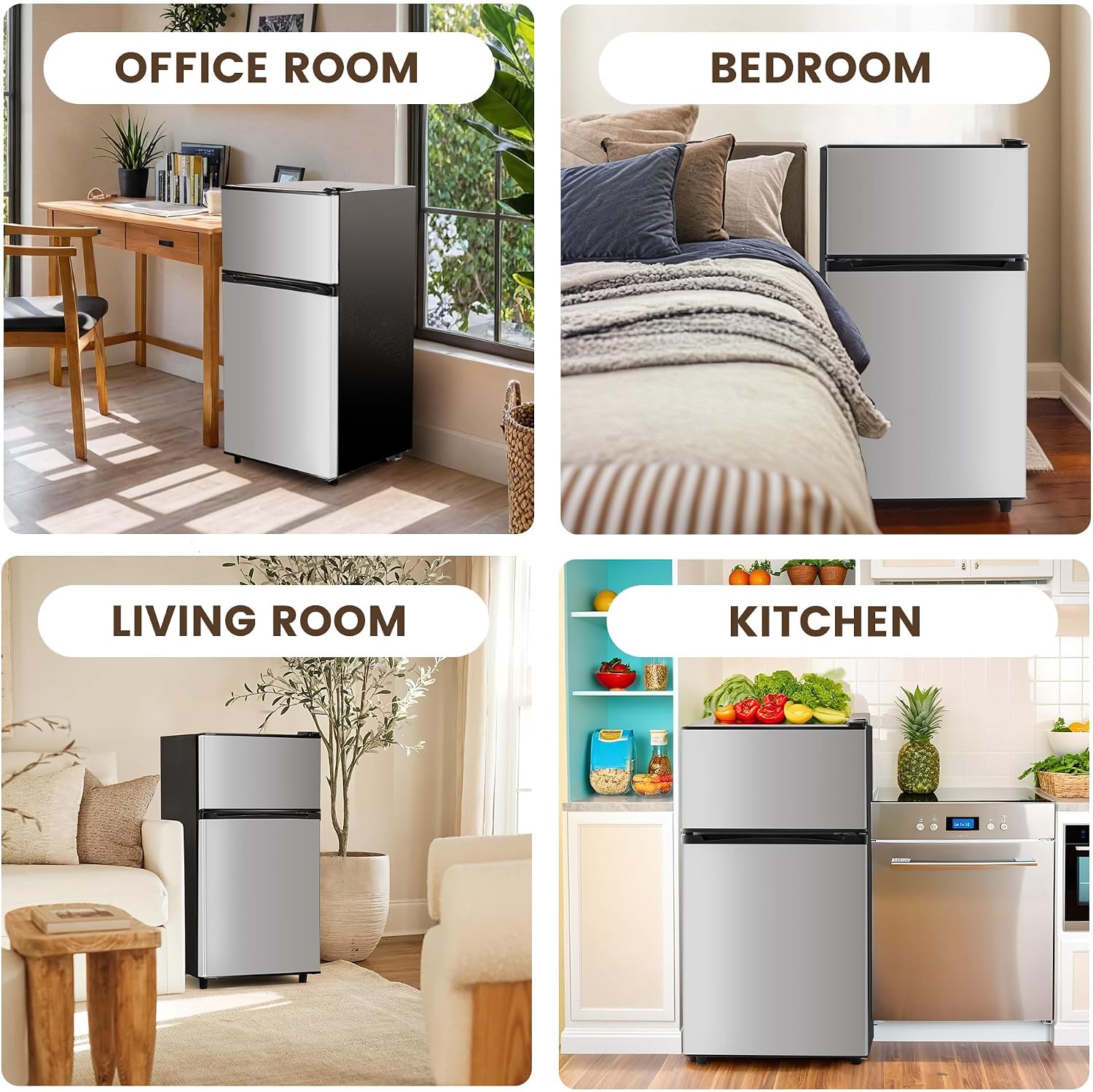 Manastin 3.55 Cu.Ft Mini Fridge with Freezer - 2 Doors for Office, Kitchen, Dorm and Bedroom, Mini Refrigerator with Adjustable Shelves (Silver)