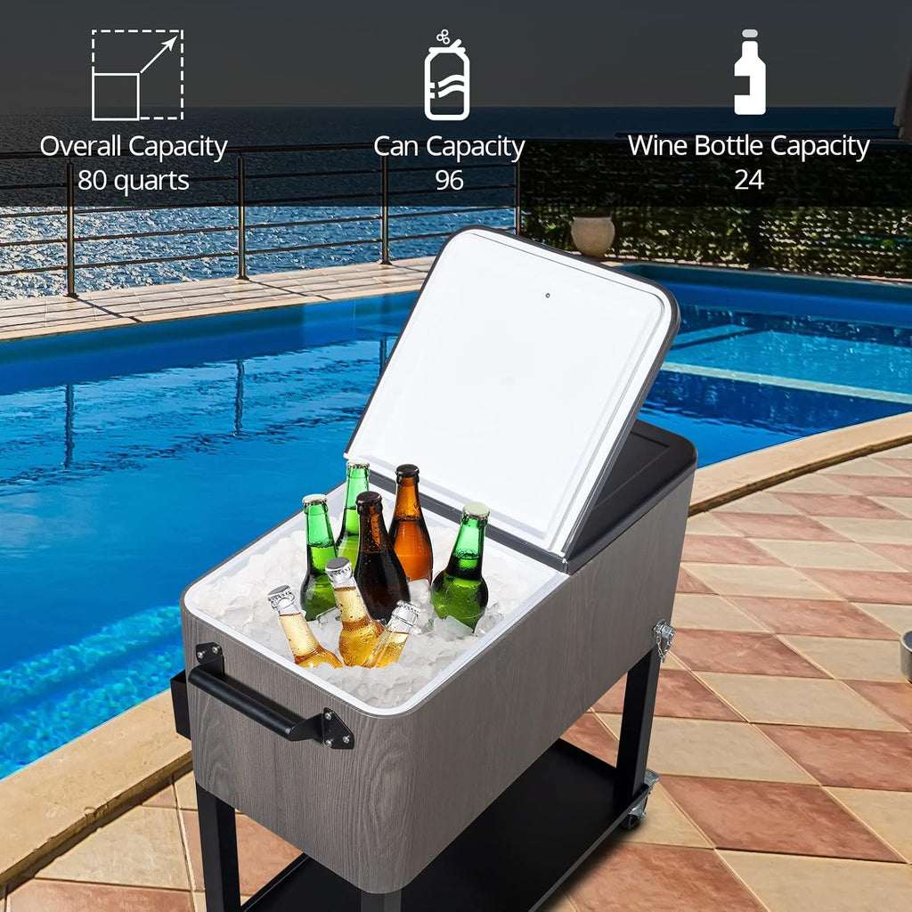 VINGLI 80 Quart Rolling Ice Chest on Wheels, Patio Cooler Cart, Beverage Rolling Cooler for Outdoor Patio Deck Party