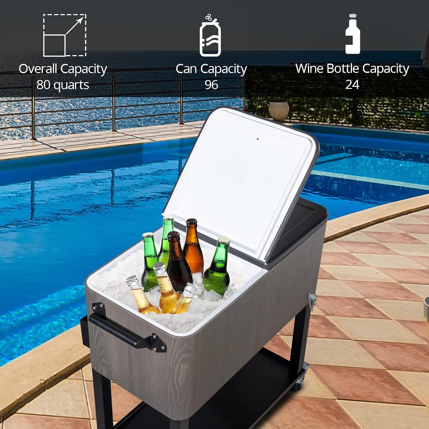 VINGLI 80 Quart Rolling Ice Chest on Wheels, Patio Cooler Cart, Beverage Rolling Cooler for Outdoor Patio Deck Party