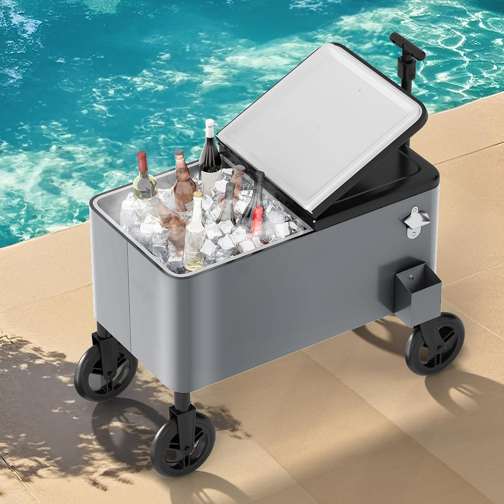 DWVO Ice Chest with Wheels,80 Quart Rolling Cooler with Bottle Opener Drainage, Patio Cooler Cart, Rolling Ice Chest with Handle for Patio Pool Deck Party BBQ Cookouts