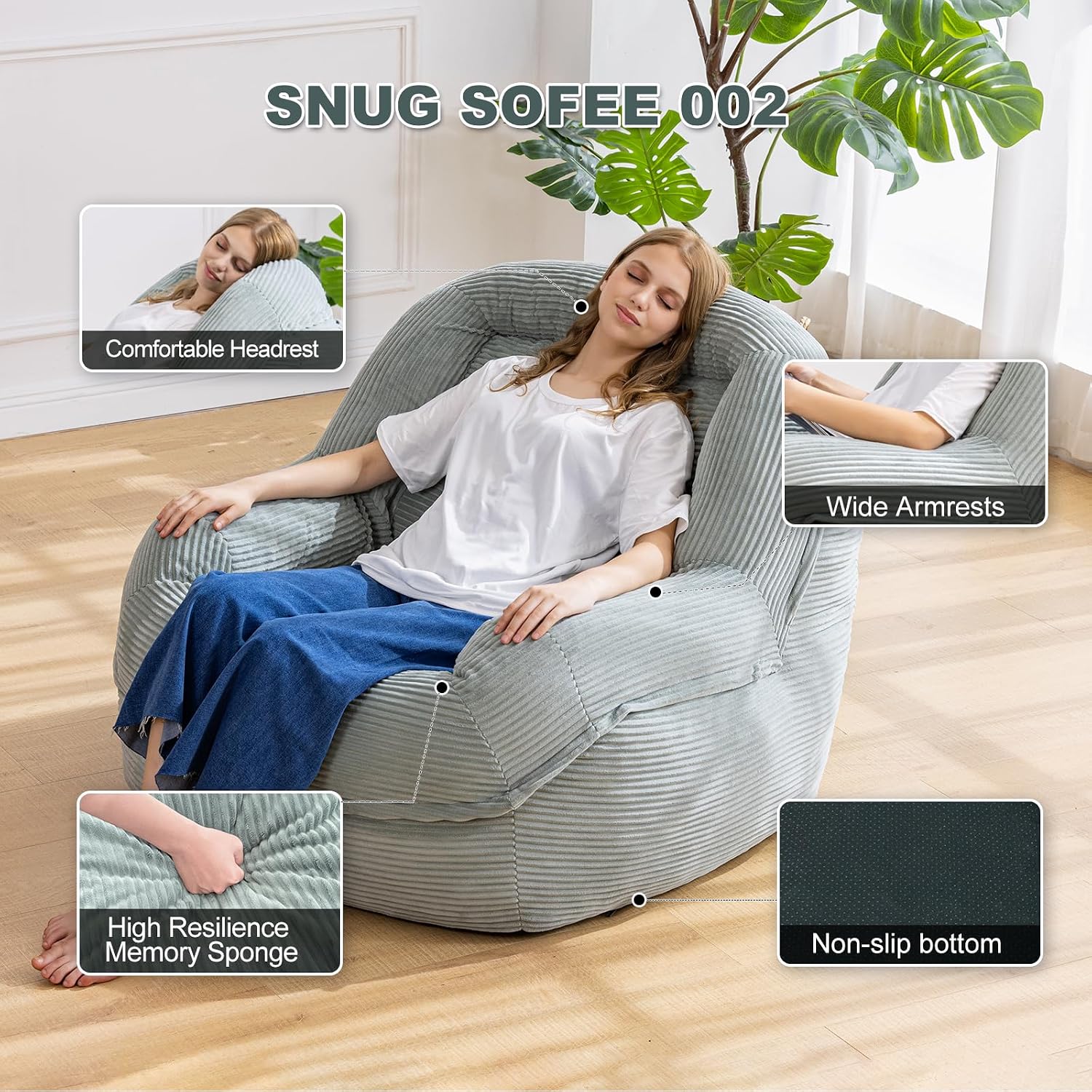 Giant Bean Bag Chair with Armrests - Oversized Cozy Seating for Adults, Corduroy Fabric & High-Resilience Foam Filling, Ideal Lounge for Living Room, Bedroom & Gaming Room (Mint Green)