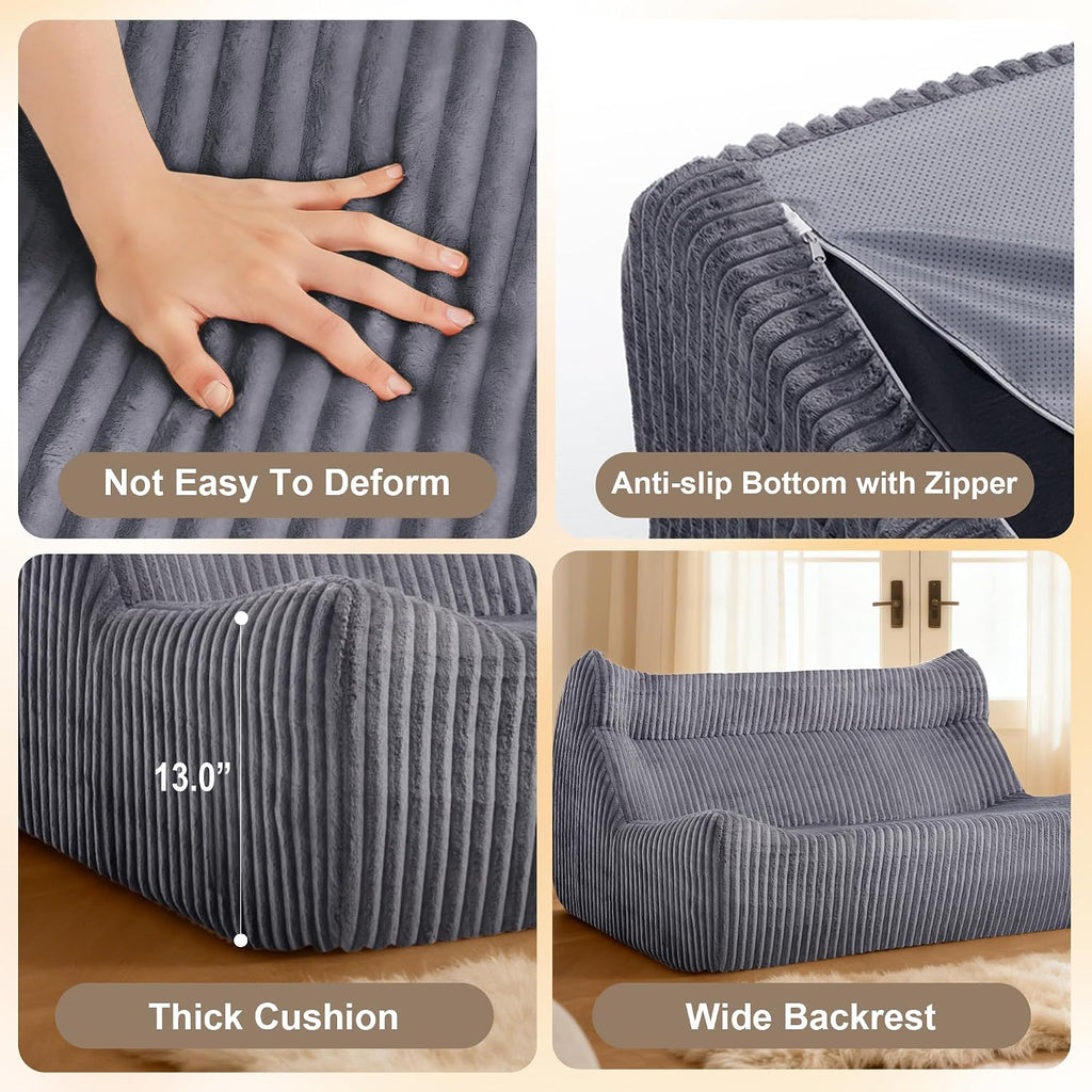 Bean Bag Chairs for Adults, Giant Bean Bag Chair, Memory Foam Lounge Chair, Comfy Lazy Floor Chair, Bean Bag Sofa for Living Room, Bedroom and Office, Loveseat Bean Bag (Grey)