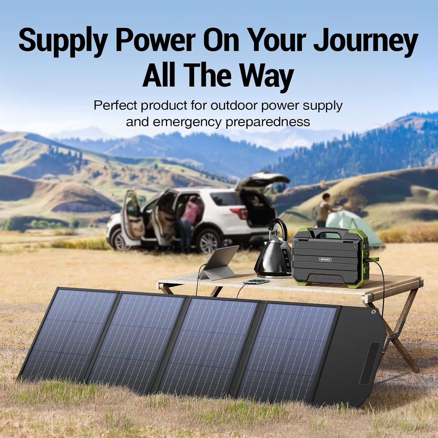 BROWEY 120W Portable Solar Panel for Power Station, USB/Type-C/DC Outputs, Foldable with Adjustable Kickstand, IP68 Waterproof, High Efficiency Solar Charging for Camping & Emergency Power Supply