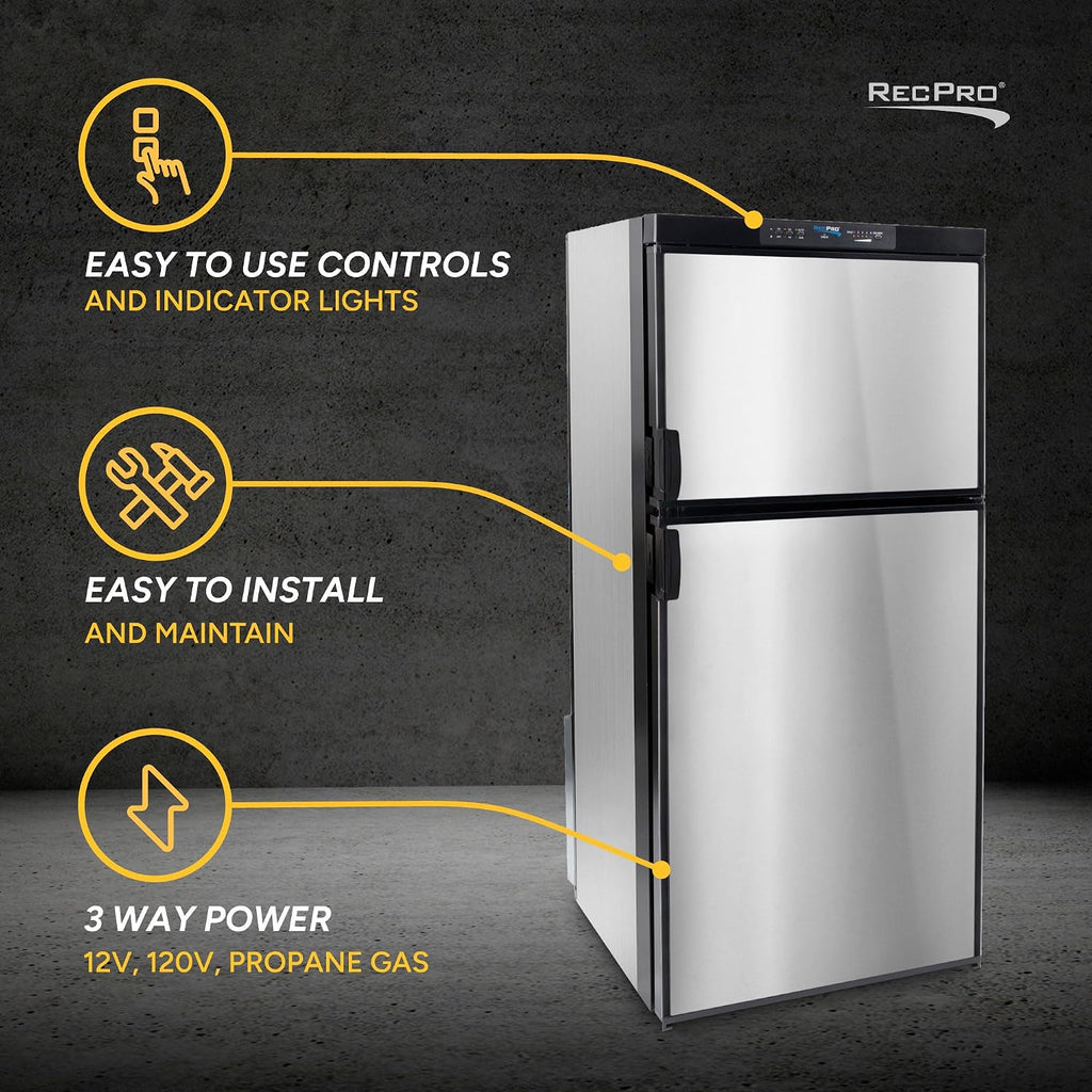 RecPro RV Refrigerator 6.3 Cubic Feet Gas and Electric | Black or Stainless Finish | 110V / 12V / Propane Gas | (Stainless Finish)