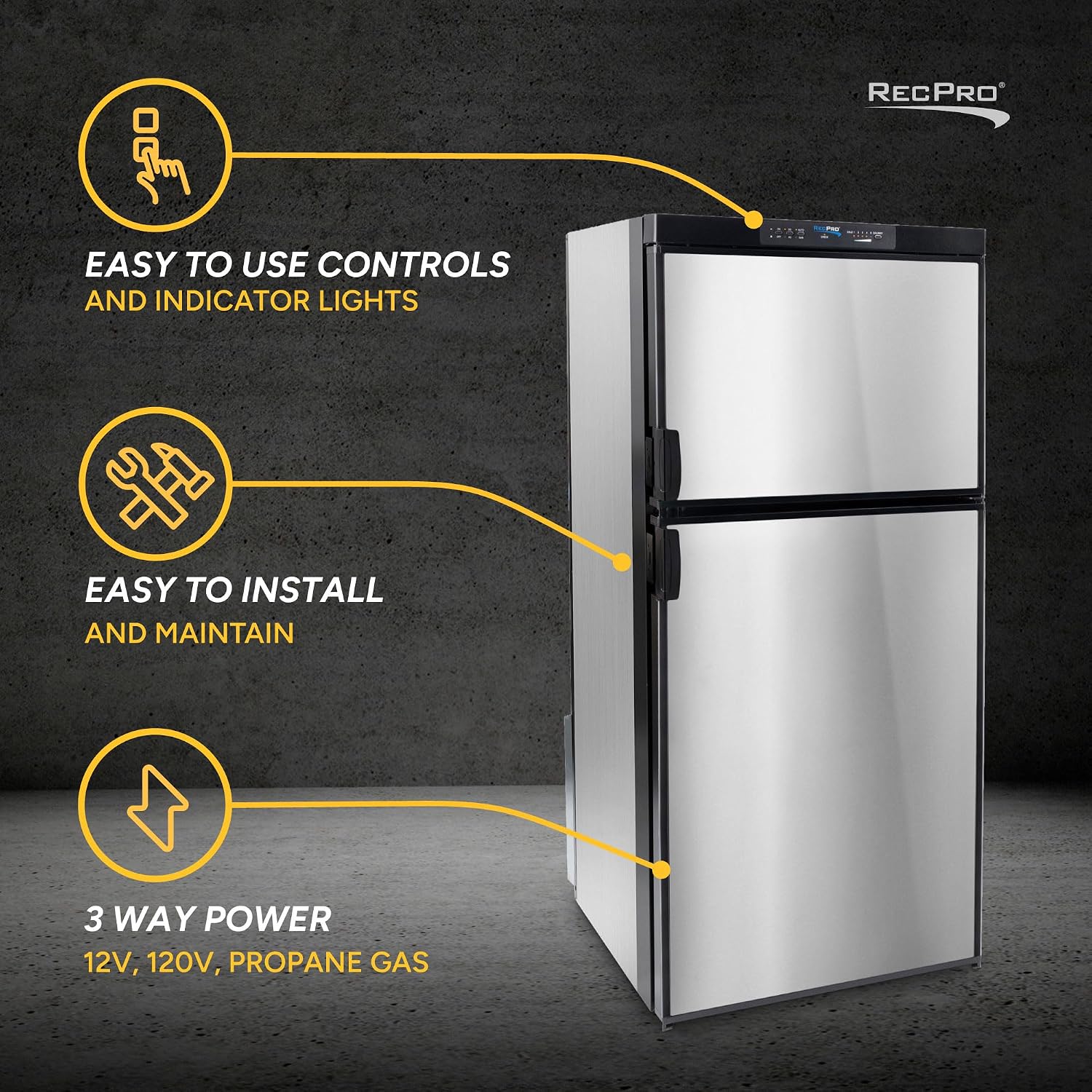 RecPro RV Refrigerator 6.3 Cubic Feet Gas and Electric | Black or Stainless Finish | 110V / 12V / Propane Gas | (Stainless Finish)