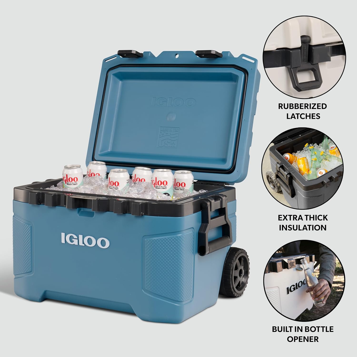 Igloo Trailmate 52Qt Wheeled Cooler, Insulated Hard Shell Ice Chest, Modern Blue