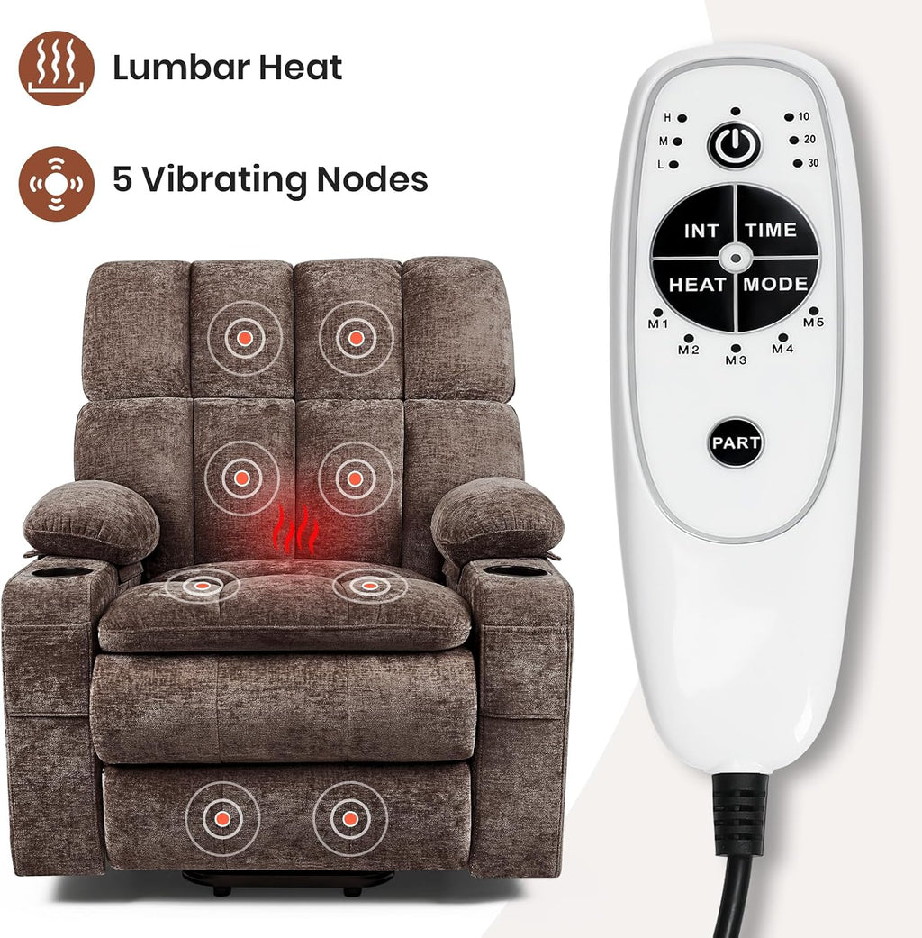 Oversized Power Recliner Chair with 26' Wide Seat for Big and Tall, 20,000+ Rubs Durable Chenille Fabric, USB & Type-C Charging, Dual Remotes, Brown