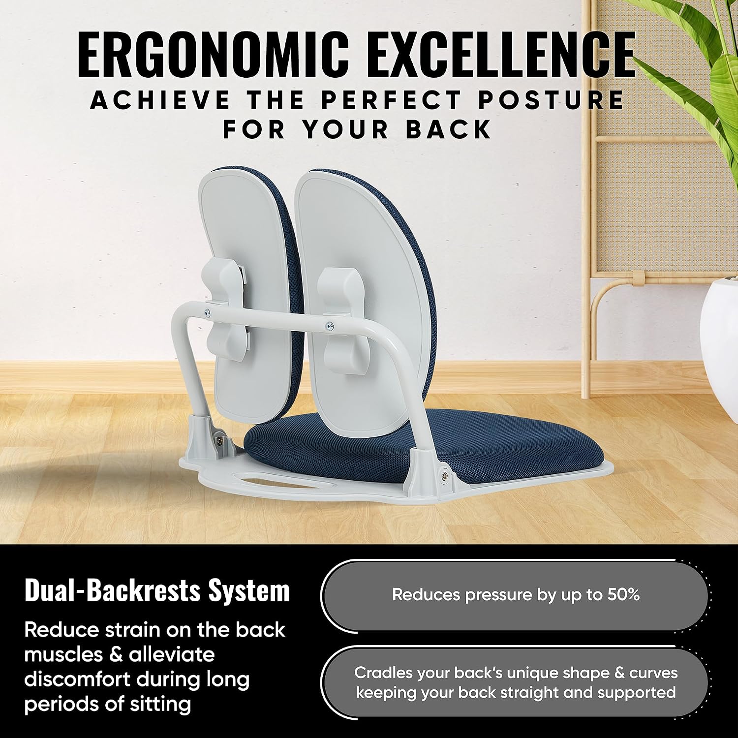 【Premium Dual-Backrests】 Made in Korea Ergonomic Floor Chair with Back Support - Meditation Chair, Floor Gaming Chair, Reading Chair, Floor Chairs for Adults, Foldable Chair (Blue)