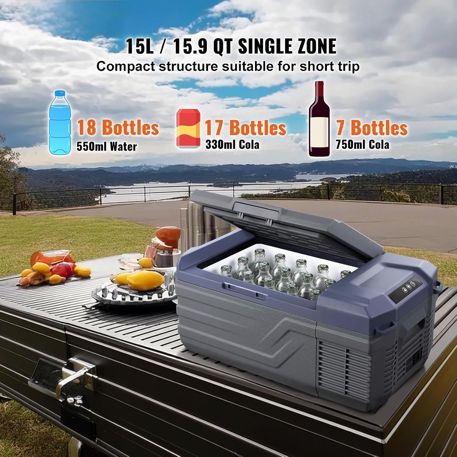 Portable Car Refrigerator Freezer 15L, Compressor 12V/24V & AC, Rapid Cooling, Single Zone, -20°C to 20°C, Quiet Operation for Road Trips, Camping & RV