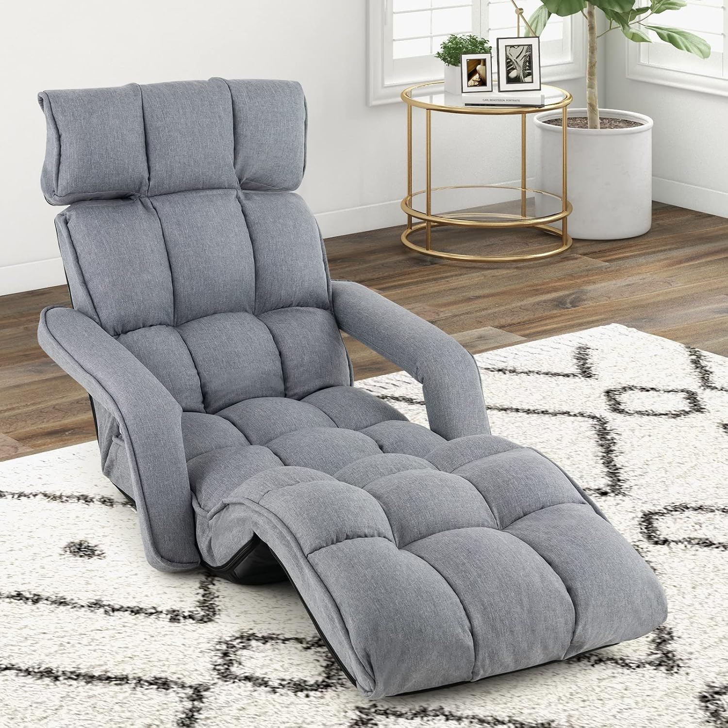 KOMFOTT Foldable Floor Lazy Sofa, Indoor Chaise Lounge Sofa with 6 Adjustable Positions, Folding Chair Bed with Adjustable Armrests, Backrest & Footrest, Ideal for Living Room, Bedroom (Grey)
