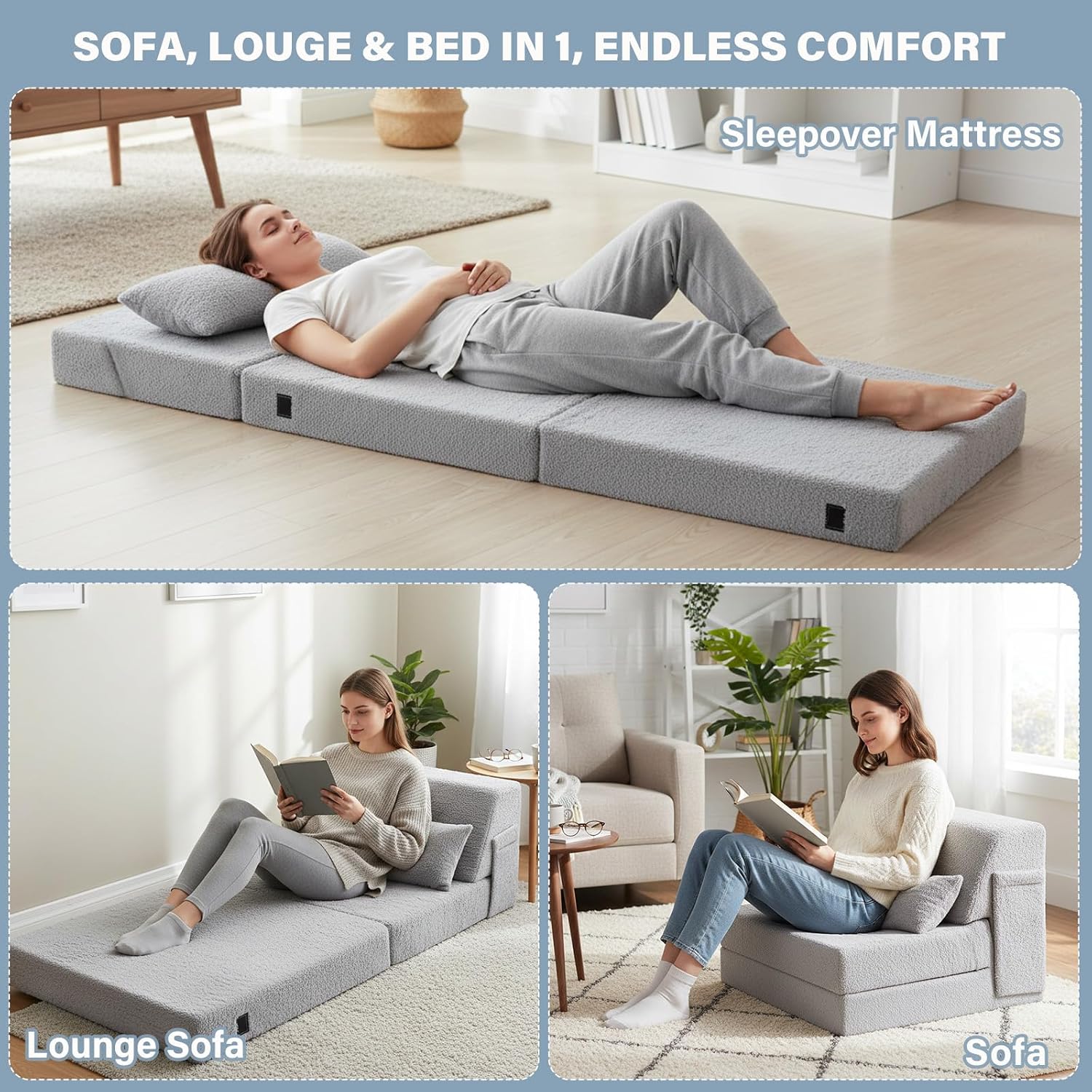 Tiita Convertible Folding Sofa Bed Single Size for Adults with Pillow, Plush Fabric Floor Mattress Couch Bed, Washable Cover & Side Pocket, Guest Room, Dorm, Apartment, Living Room, White Gray