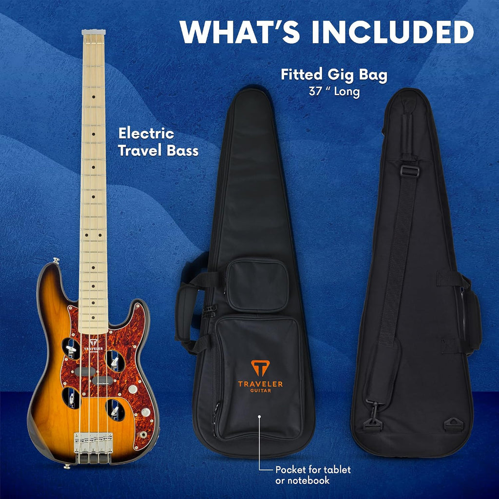 Traveler Guitar TB-4P Sunburst Bass | Travel Guitar with Aux-in | 4 String Bass Guitar with 22 Jumbo Frets | Full 32' Scale Portable Electric Bass Guitar | Headless Guitar with Custom Gig Bag