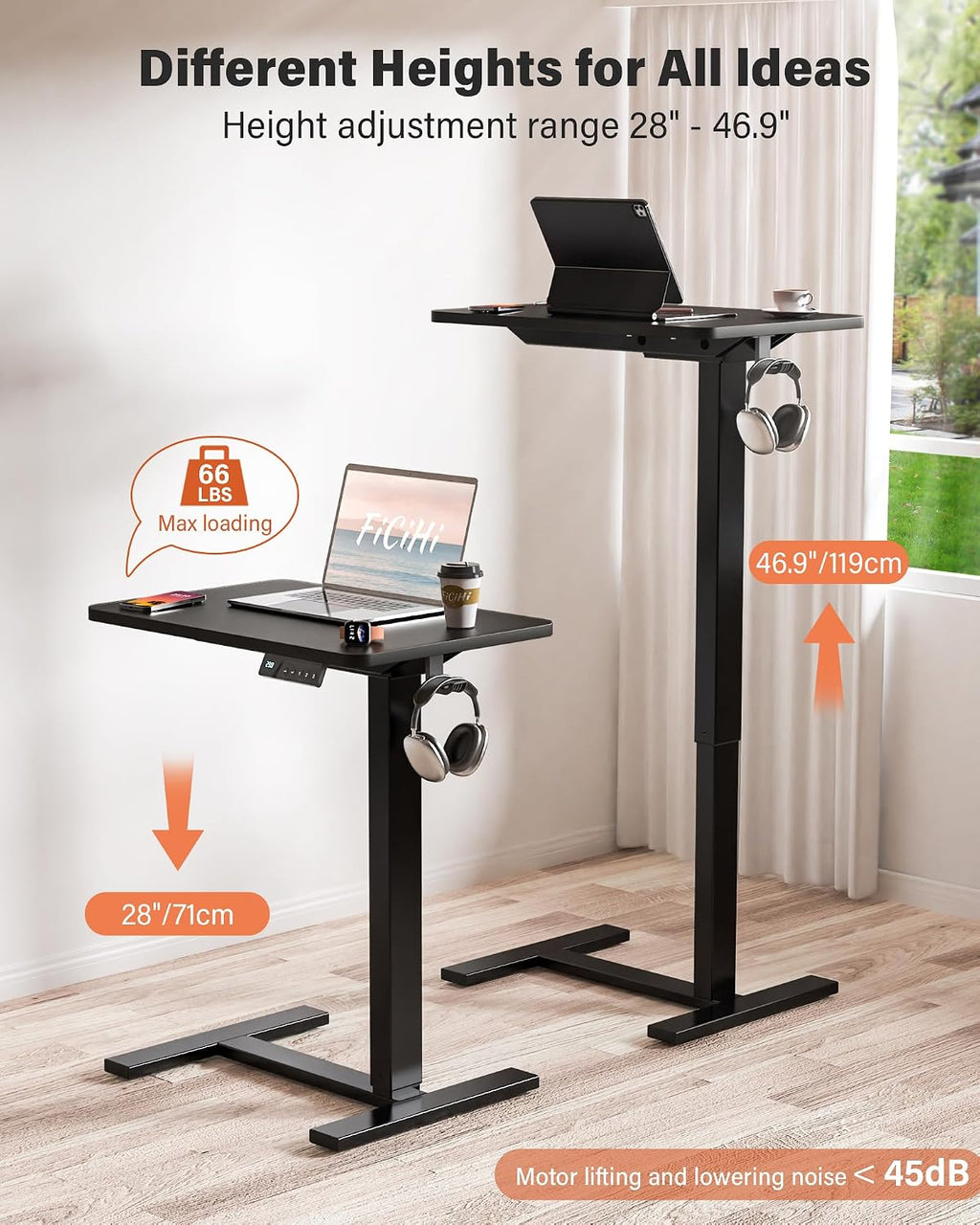 FiCiHi Electric Standing Desk with Wheels – Adjustable Height Mobile Sit-Stand Laptop Table, Portable Rolling Small Computer Workstation for Home Office & Bedside Use (28'x16', Black)