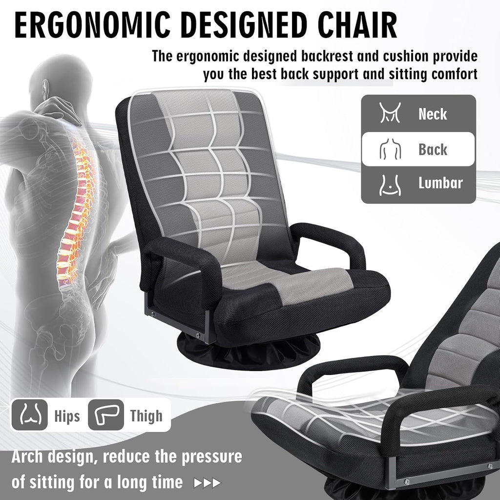 Swivel Floor Gaming Chair w/Armrests,Folding Video Reclining Sofa w/6 Adjustable Position, Padded Backrest & Cushion, Lazy Lounger Couch for E-Sports, Reading, Relaxing, Watching TV, Grey