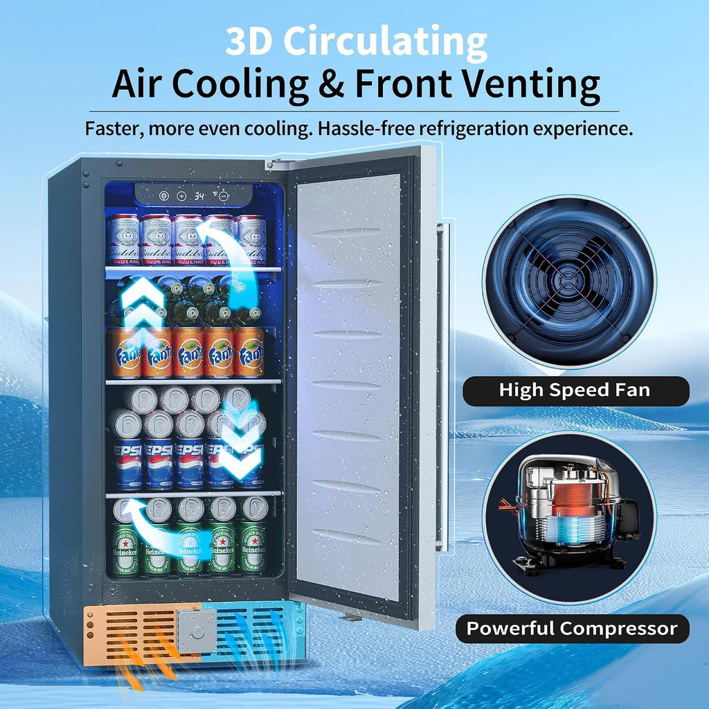 Feelfunn 15 Inch Under Counter Beverage Refrigerator - 126 Cans Beverage Fridge with Stainless Steel Door for Beer Wine Soda - Built-in or Freestanding Wine Cooler for Home Kitchen Bar