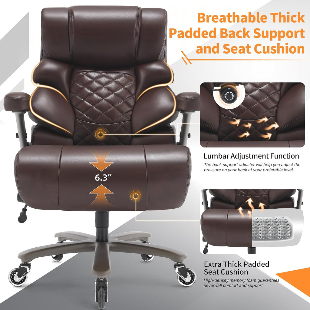 VUZI 700lbs Big and Tall Office Chair-Large Computer Chair with Adjustable Lumbar Support 3D Flip Arms Plus Size Wheels, High Back Executive Desk Chair, Heavy Duty Metal Base, Thick Padded Wide Seat