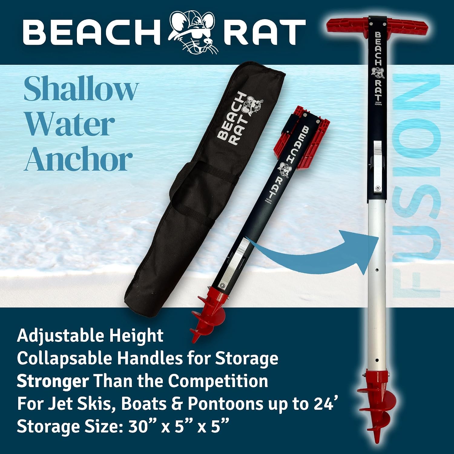 Beach Rat Fusion Anchor & Storage Case - Jet Ski Anchor/Boat Anchor for Shallow Water and Sandbar - High Strength Telescoping Aluminum Pole & Plastic Boat Accessory - Sand Bar Anchor Kit
