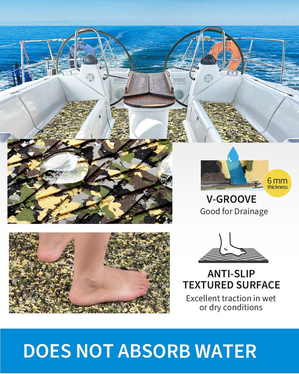 OCEANBROAD Self-Adhesive 96''x16''/23''/38''/47'' Camouflage Boat Flooring Non-Slip Marine Grip Pad EVA Foam Sheet for Jon Boat Surfboard SUP Board Kayak, Camo Black/Blue/Green/Brown/Yellow/Gray
