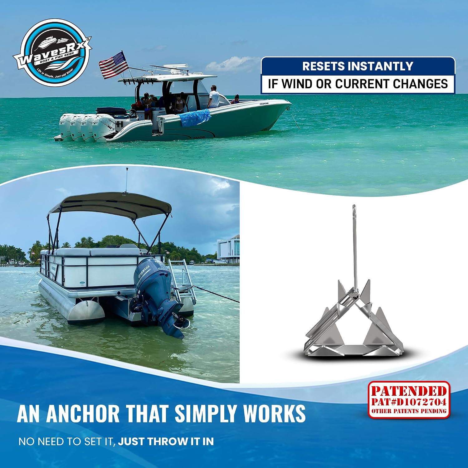 WAVESRX TriAnchor - Stainless Steel Folding PWC & Boat Anchor | Sets Instantly for Effortless Boat & Jet Ski Anchoring | Compact Patent-Pending Design Grips Better Than Plow, Fluke or Box Anchor