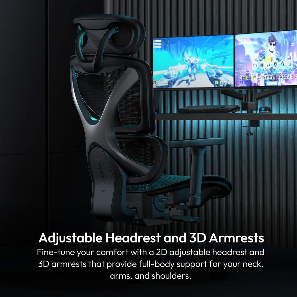THUNDERX3 XTC Ergonomic Office Chair, for Adults Gaming Chair, High Back Desk Chair, Synchronous Tilt, Self-Adjusting Lumbar Support and Backrest, Adjustable Headrest, Breathable Mesh, Black