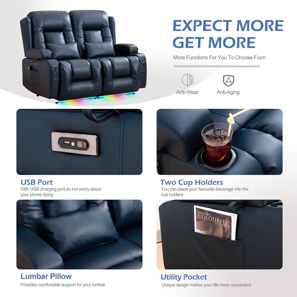 Loveseat Recliner Sofa, Leather Sofa with Massage & Heating, Home Theater Seating Power Reclining Loveseat with LED Light/Cup Holders/Lumbar Pillow (Blue, Loveseat)