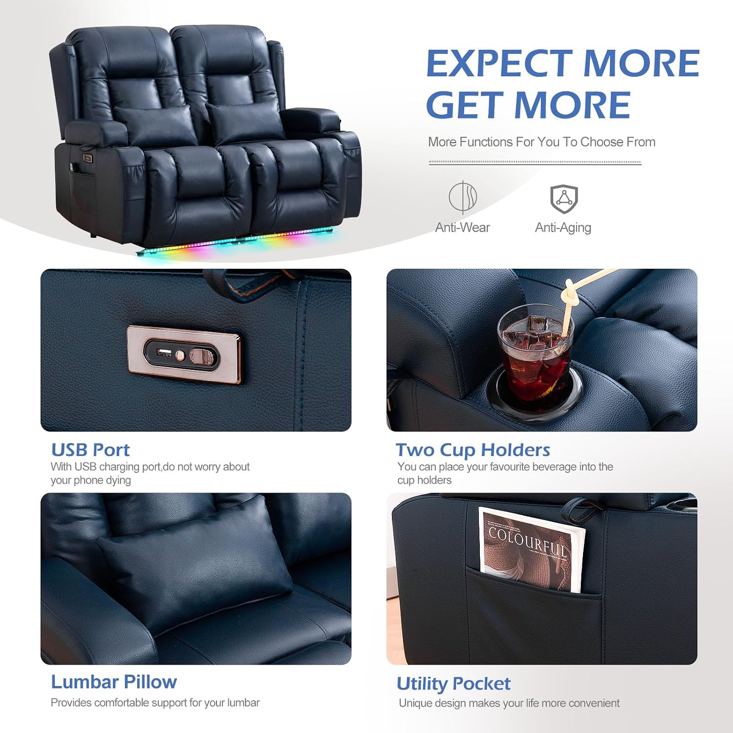 Loveseat Recliner Sofa, Leather Sofa with Massage & Heating, Home Theater Seating Power Reclining Loveseat with LED Light/Cup Holders/Lumbar Pillow (Blue, Loveseat)