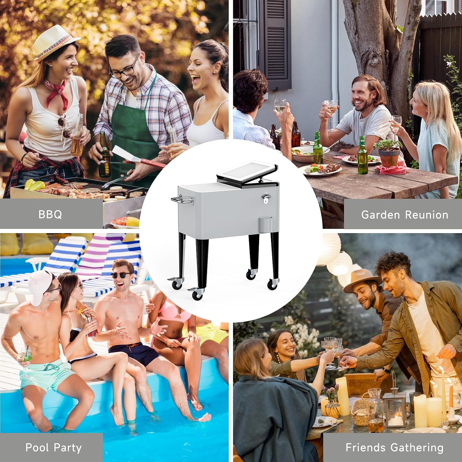 Ice Chest with Wheels, 60 Quart Portable Rolling Cooler with Bottle Opener & Cap Collector & Bottom Storage Tray for Patio Party & BBQ & Beach Activities